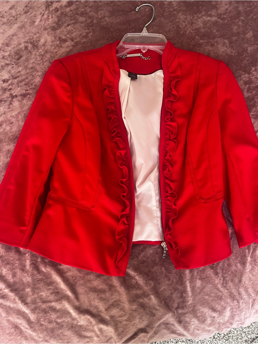 Women’s Red Ruffle-Trim Open Front Blazer